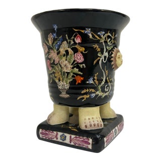 Vintage Chinoiserie Hua Ping Tang Zhi Porcelain Footed Vase With 3d Lion Heads For Sale