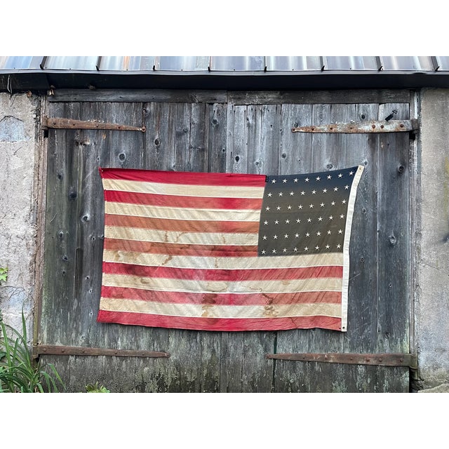 Rare and Fine Antique American Flag 1920 Wool. 48 Star Beautifully Aged. Great Fade All Sewn Embroidered Stars 4x6 For Sale In Philadelphia - Image 6 of 10