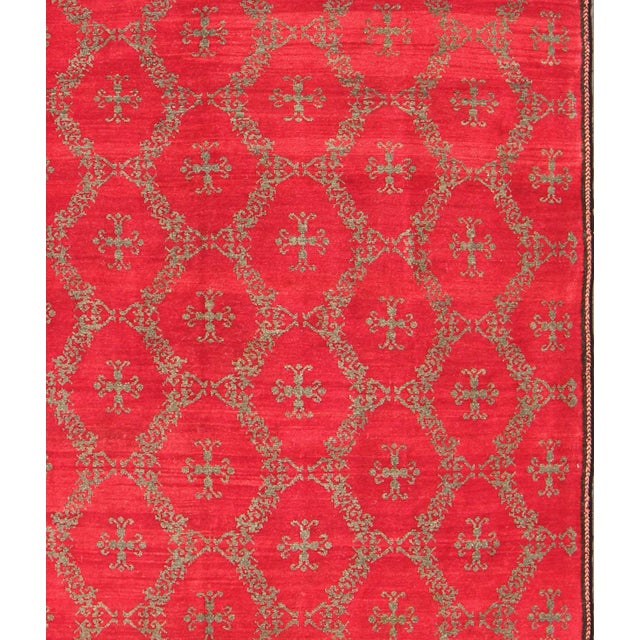 Mid 20th Century Vintage Turkish Konya Carpet With Cross Design and Bright Red Background For Sale - Image 5 of 6