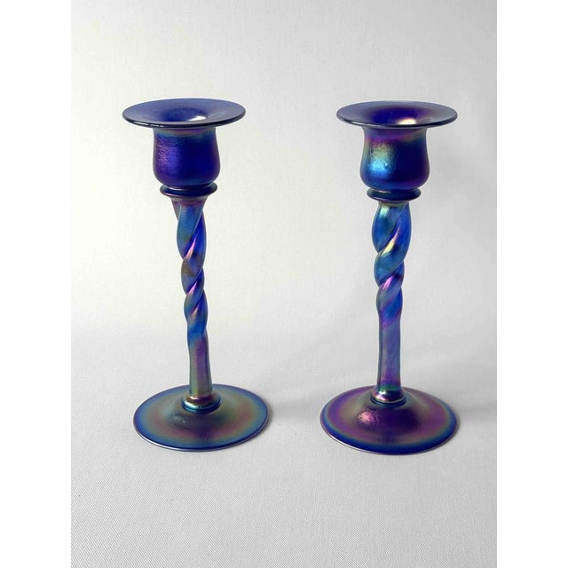 Blue Aurene Blue Glass Candlesticks by Carder, Set of 2 For Sale - Image 8 of 8