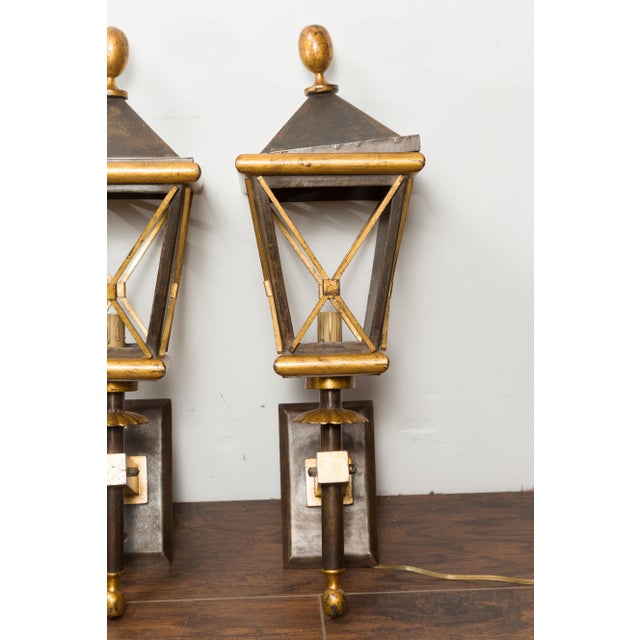 Mid 20th Century French Mid Century Modern Gilt Iron Wall Mounted Lanterns with Single Lights - a Pair For Sale - Image 4 of 9
