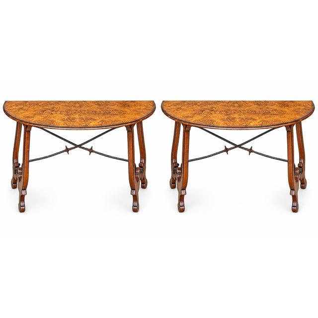 Italian Burl Walnut Demilune Console Tables With Iron Stretchers - Pair For Sale - Image 4 of 8