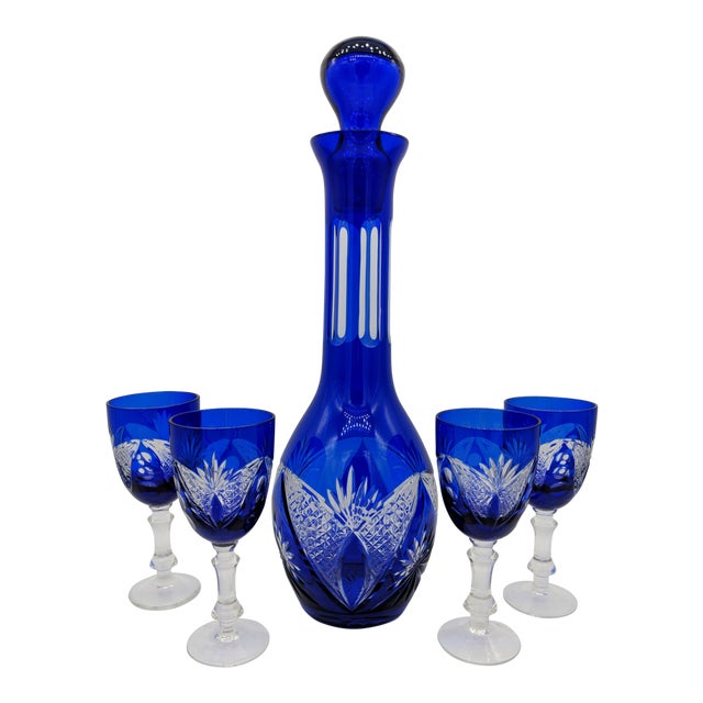 MidCentury Bohemian Cobalt Blue Cut Glasses & Decanter Set of 5