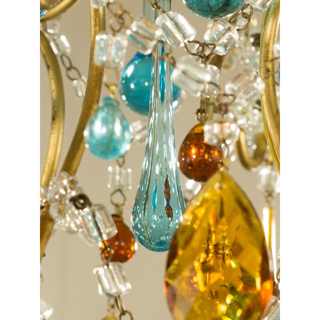 Vintage Florentine 6-Light Chandelier in Gilded Iron with Crystals and Murano Glass Pendants, 1950s For Sale - Image 10 of 14