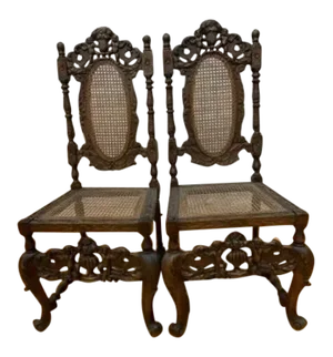 Antique Jacobean Renaissance Revival Carved Oak Cane Throne Chairs - Pair