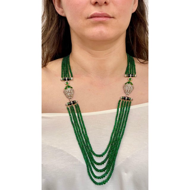 335 Carat 5-Strand Emerald Necklace with 6.5 Carat Diamond & Enamel in 14k Gold For Sale - Image 14 of 18