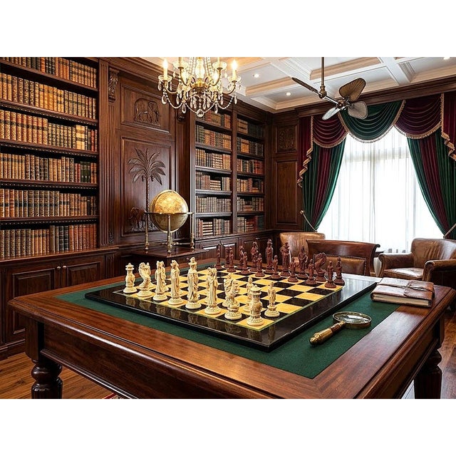 Offering a vintage 1960s Chinese figurine chess set with restored wood marquetry playing board. This unique chess set...