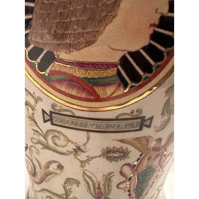 Italian Large Portrait Motif Majolica Lidded Vases -a Pair For Sale - Image 3 of 17