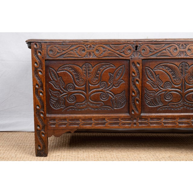 English 17th Century Carved Oak Coffer For Sale - Image 3 of 16