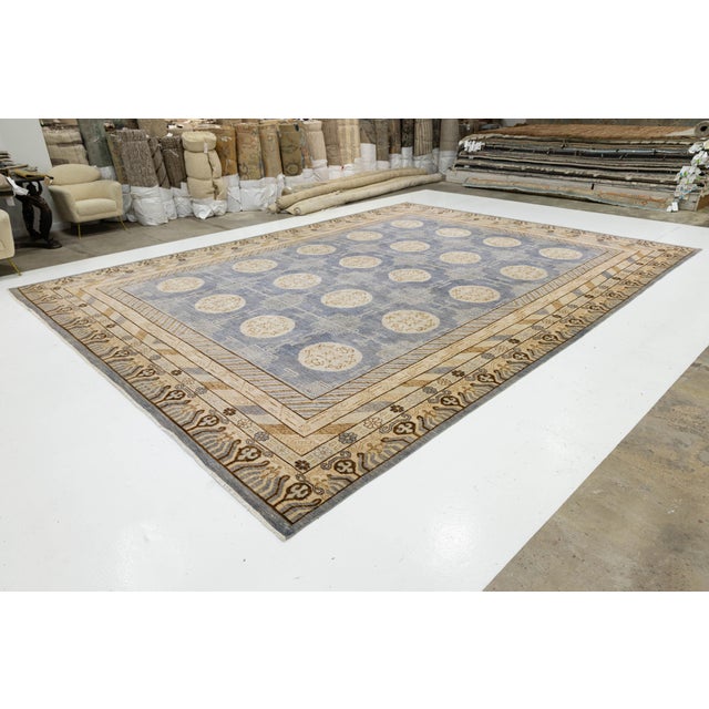 Hand-Knotted Modern Khotan Wool Rug Muted Blue and Sand Medallion Pattern For Sale - Image 11 of 11