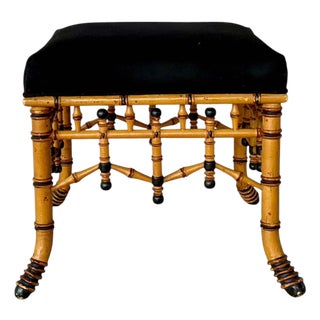 Faux Bamboo Accent Bench/Footstool With Black Upholstered Top For Sale