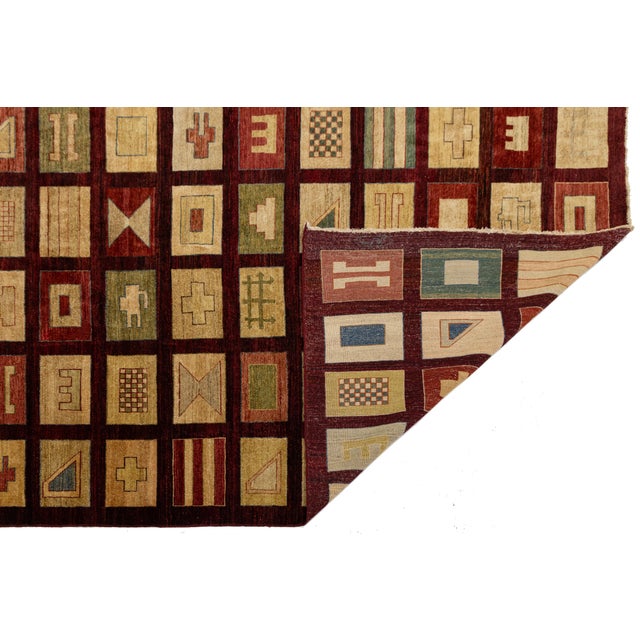 Modern Modern Geometric Grid Hand-Knotted Wool Area Rug in Deep Burgundy & Earth Tones For Sale - Image 3 of 12