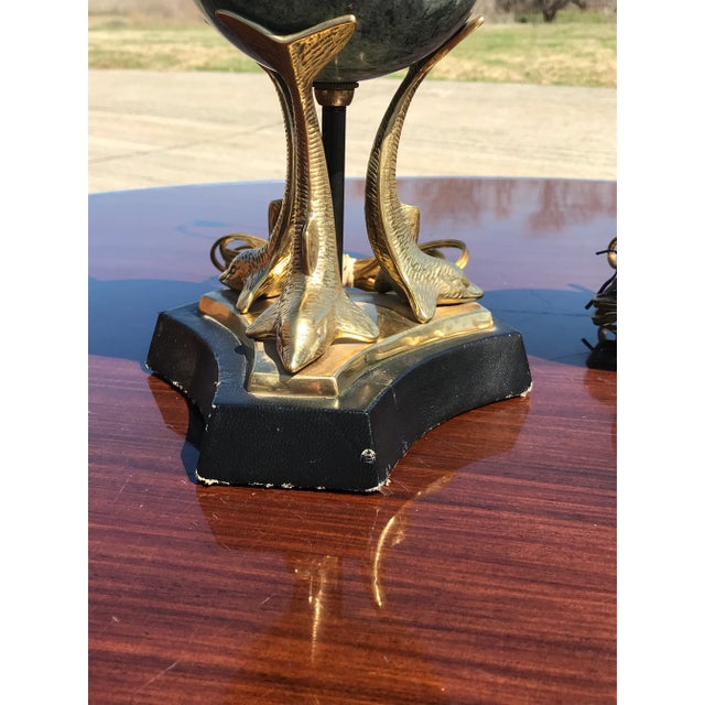 1970s Brass and Marble Sculptural Dolphin Table Lamp - a Pair For Sale - Image 5 of 13