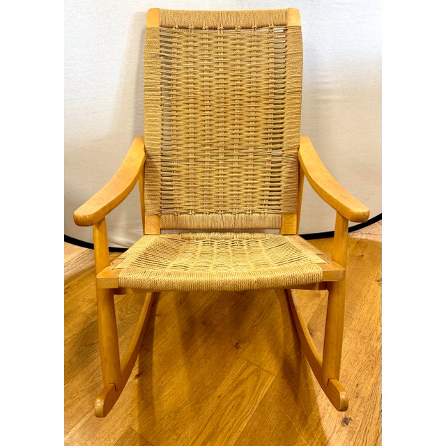 Hans Wegner Mid Century Hans Wegner Style Corded Rope Rocking Chair For Sale - Image 4 of 8