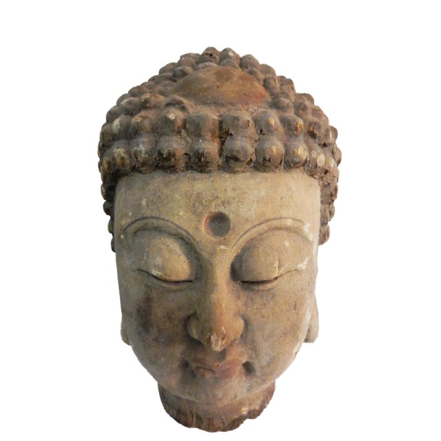 Lg Asian Carved Wood Gautama Buddha Head For Sale - Image 4 of 10