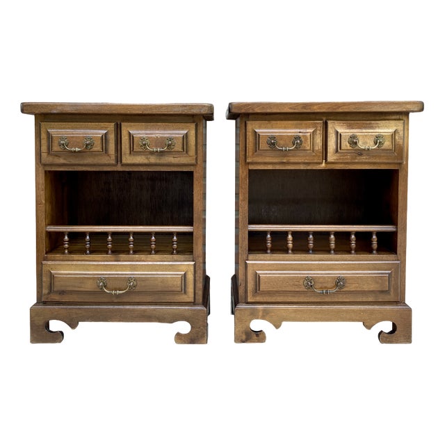 20th Spanish Nightstands with Three Drawers, One Shelf and Bronze Hardware, 1970s, Set of 2 For Sale