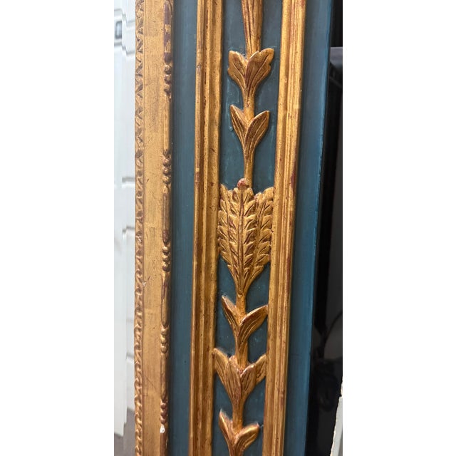 Monumental Italian Neoclassical Louis XVI Style Blue & Giltwood Trumeau Wall Mirror For Sale - Image 4 of 9