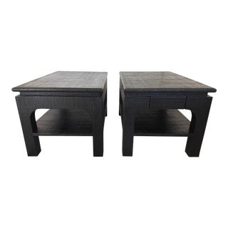 Late 20th Century Set of 2 Lacquered Raffia End Tables - Harrison Van Horn Tuxedo Metrocane Black Side Tables For Sale