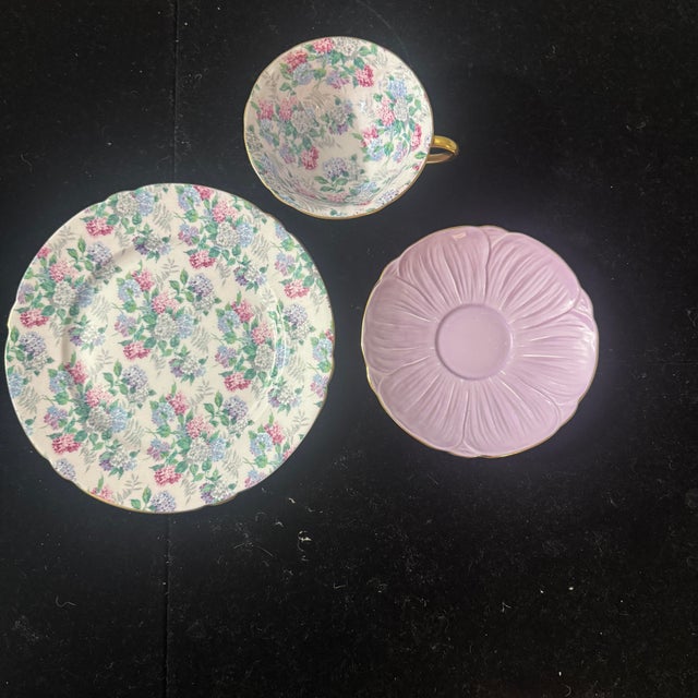 English 1950s Shelley English Bone China “Summer Glory” Oleander Shape Floral Chintz Teacup Trio - 3 Pieces For Sale - Image 3 of 8
