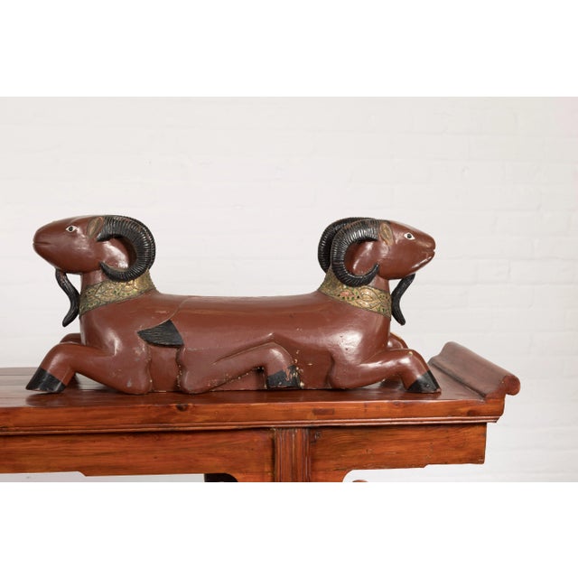 Mid 20th Century Vintage Northern Thai Double Ram Sculptures with Reddish Brown Lacquer - A Pair For Sale - Image 5 of 13