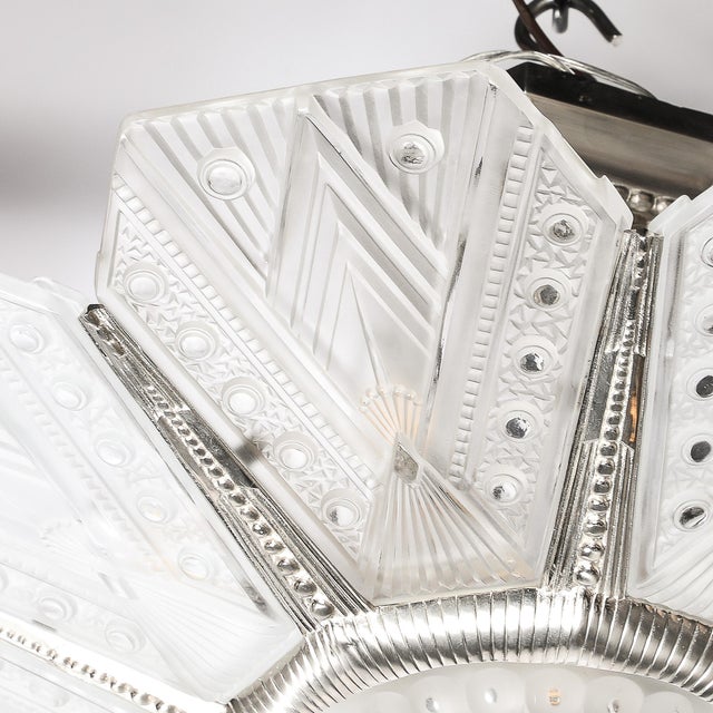 1930s Art Deco Frosted Glass Cubist Geometric Detail & Fluted Chandelier Signed Leleu For Sale - Image 5 of 18