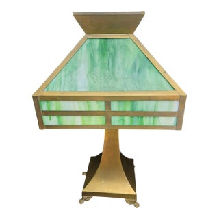 Antique Arts Crafts Mission Table Lamp Green Slag Glass Copper For Sale