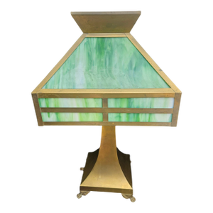 Antique Arts Crafts Mission Table Lamp Green Slag Glass Copper