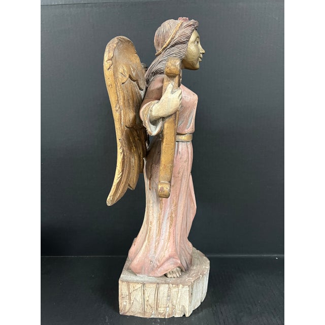Vintage Hand Carved Wooden Stnading Angel Playing Lyre Instrument Sculpture For Sale In New York - Image 6 of 8
