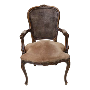Chateau d'Ax Louis XV Style Walnut Cane Back and Suede Leather Fauteuil