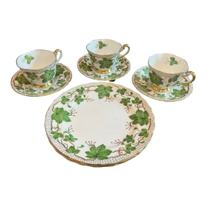 1940s Royal Chelsea Maple Leaf Bone China in Green & Gold - Set of 9