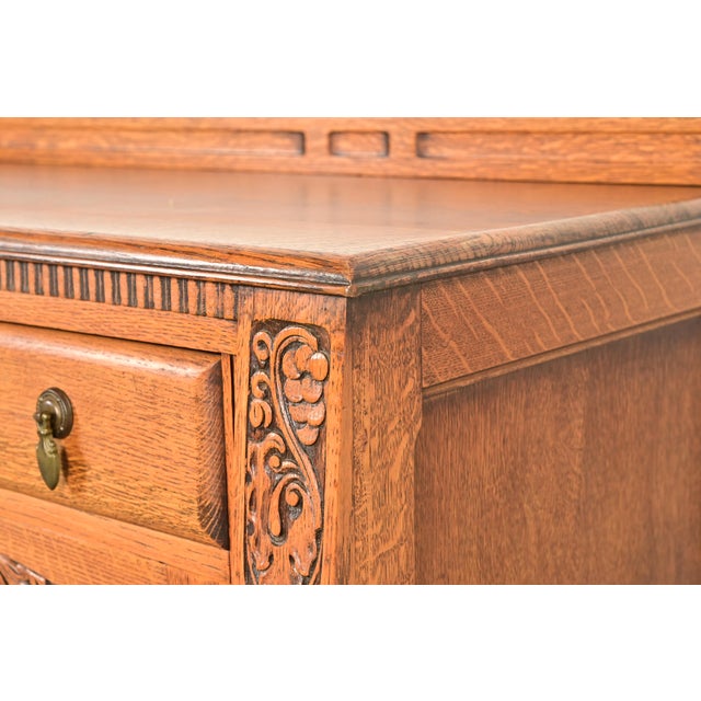 Berkey & Gay Style Antique English Jacobean Carved Oak Sideboard Buffet or Bar Cabinet, Circa 1920s For Sale - Image 10 of 16