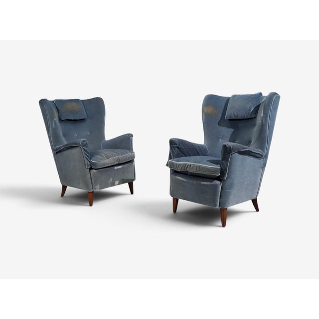 Danish Mid-Century Modern, Cabinetmaker Lounge or Wingback Chairs, Velvet, Stained Wood, Denmark, 1950s A sculptural pair...
