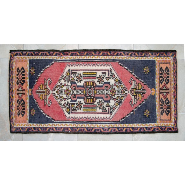 Vintage Turkish Rug 2x4 Pink Navy Hand Knotted Small Area Mat Accent Rug Doormat For Sale - Image 9 of 12