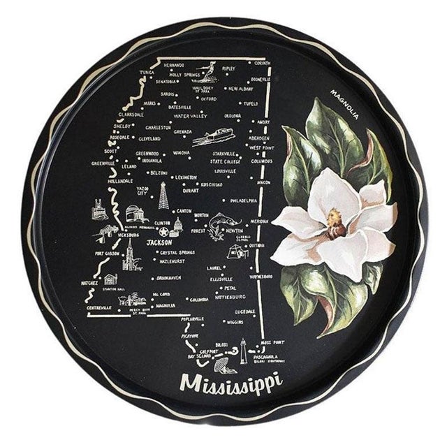 Mid 20th Century Round Mississippi Magnolia Tin Serving Tray in Black and Cream For Sale - Image 5 of 5
