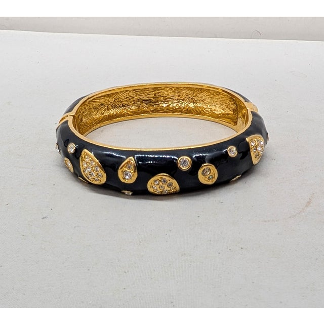 Vintage Signed Napier Goldtone Black Enamel & Clear Rhinestone Cuff Bracelet For Sale - Image 10 of 11