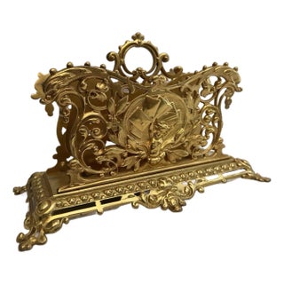 Antique Gilt Bronze Letter Holder Desk Accessory Child Boy Holding Envelops For Sale