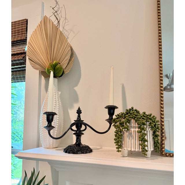 Vintage Black Powder-Coated Brass Two-Arm Candelabrum With Grape & Vine Detail For Sale - Image 9 of 10