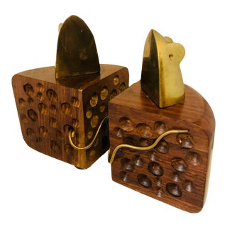 Vintage Brass Mice Wooden Cheese Bookends - a Pair For Sale