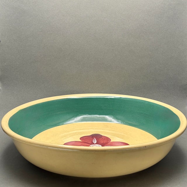 Farmhouse Vintage Watt Pottery Yelloware “Cross Hatch Pansy” 14 1/2” Serving Bowl For Sale - Image 3 of 8