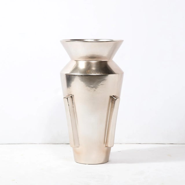 Late 20th Century Late 20th Century Modernist Urn Form Ceramic Vase With Rectilinear Detailing & Platinum Glaze For Sale - Image 5 of 9