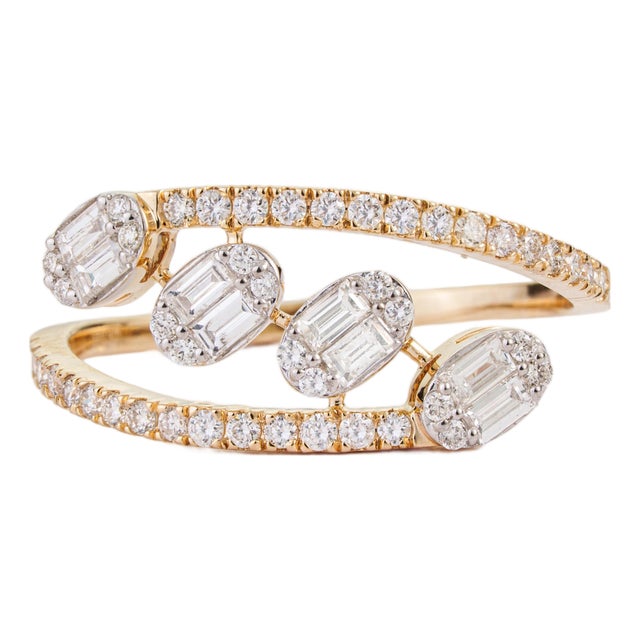 Certified 14k Solid Yellow Gold Baguette & Round Diamond Pave Bypass Ring Size 7 For Sale