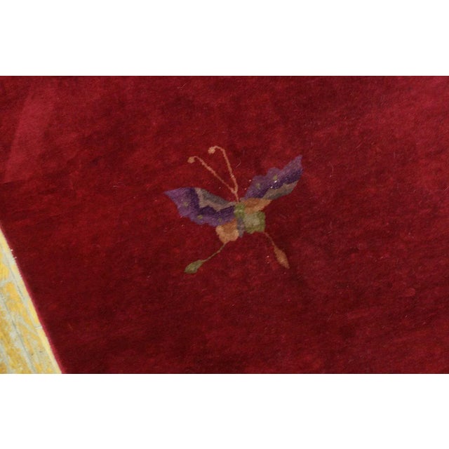 1920s Ruby Red Floral Antique Chinese Art Deco Carpet 9' X 12 Knotted Wool Rug For Sale - Image 10 of 10