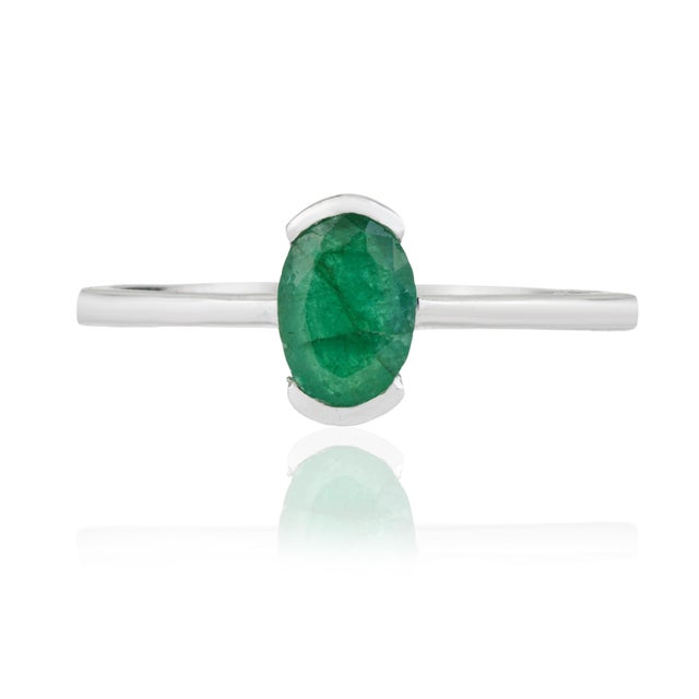 Contemporary Minimalist 925 Sterling Silver Natural 0.83 Ct Oval Emerald Solitaire Ring Size 8 For Sale - Image 3 of 13