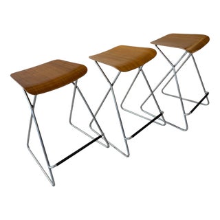 Chrome and Wood Bar Stools by Anna Schewen for Orangebox, Set of 3 For Sale