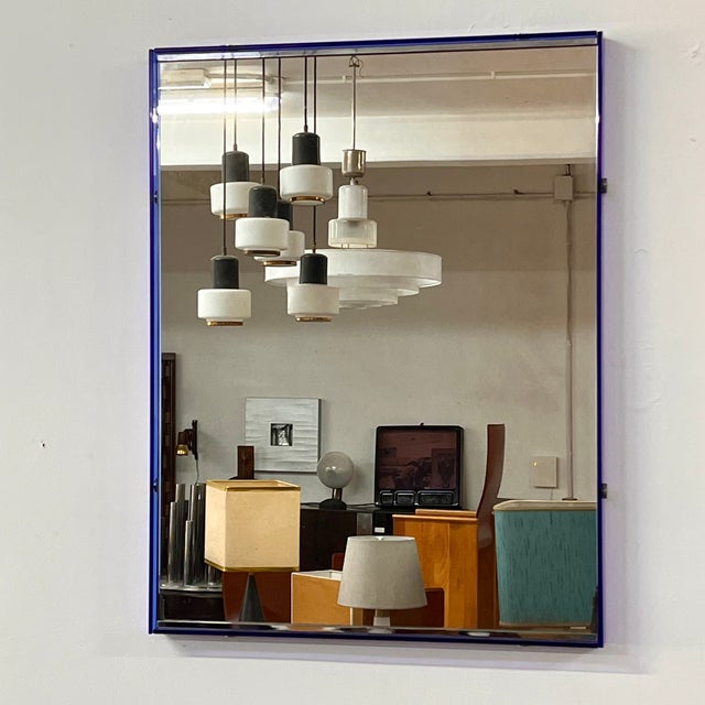 Mid-Century Wall Mirror with Blue Glass and Brass Frame, Italy, 1960s For Sale - Image 6 of 7