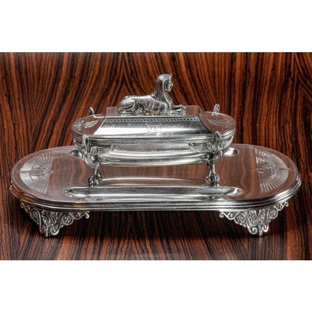 Egyptian Revival Antique Victorian Silverplate Double Inkwell Desk Inkstand Egypt Sphinx For Sale - Image 15 of 18