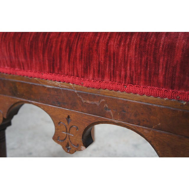 Mid 20th Century 2 Victorian Gothic Revival Walnut Carved Throne Chairs Tufted Red Velour Pair For Sale - Image 9 of 12