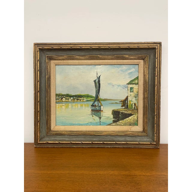 Coastal Vintage Mid Century Coastal Harbor Painting Signed “Jay," Framed by Wolsey, California For Sale - Image 3 of 10