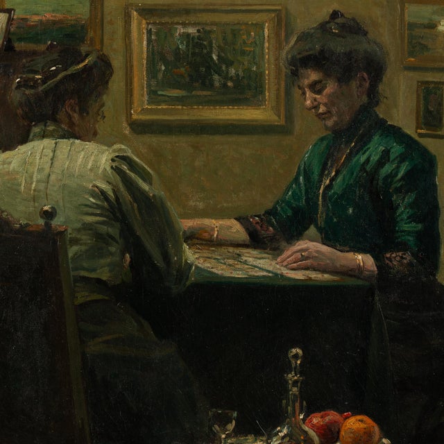 Original Oil on Canvas Painting of Two Women Playing Cards, Signed and Dated Fritz Kraul 1912 For Sale - Image 6 of 10