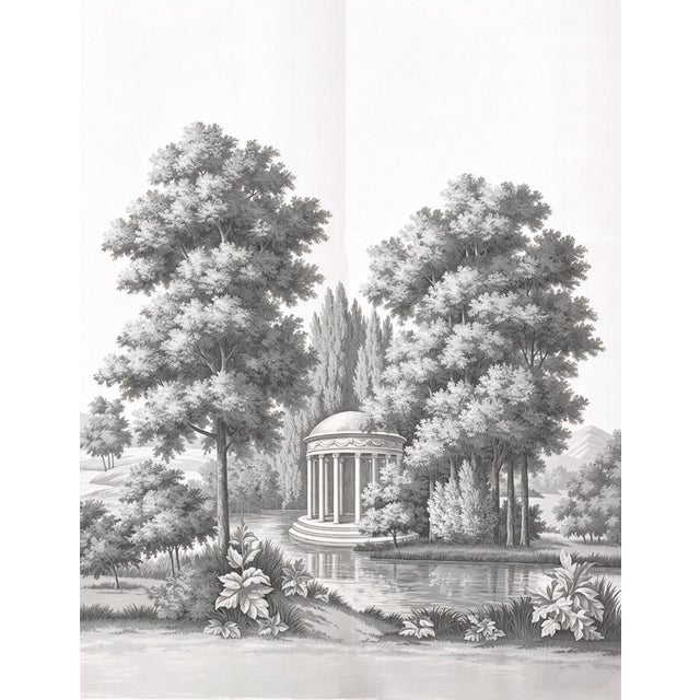 Exquisite hand-drawn panoramic scenic mural inspired by antique European engraving artwork. This monochrome design...